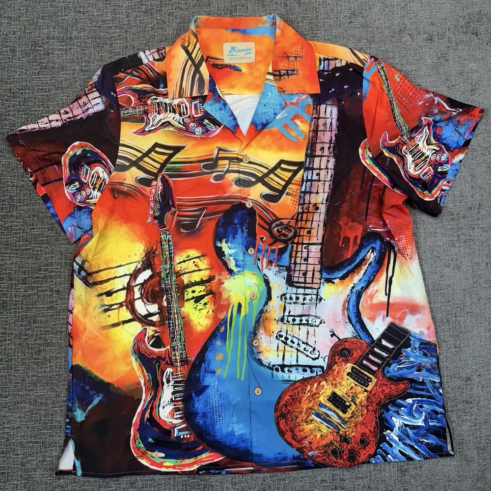 Hawaiian Shirts Men's 2XL Short‎ Sleeve Button Neon Guitar Musical Retro